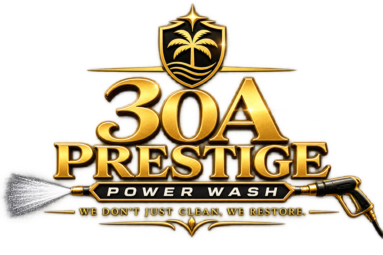 30A Prestige Power Wash logo — gold crest with palm and pressure washer, tagline: we don't just clean, we restore.