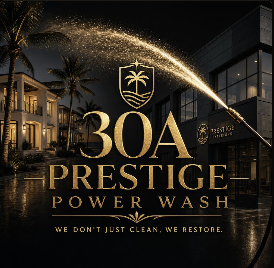 30A Prestige Power Wash brand artwork: coastal residence, commercial building, palms, and pressure-washer spray