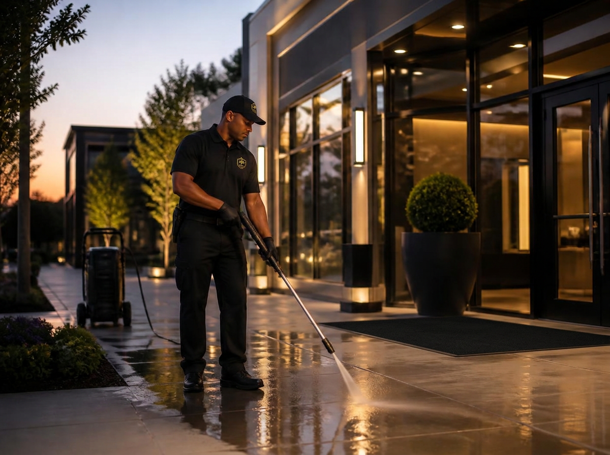 Technician cleaning the entry walkway of a modern commercial building at dusk
